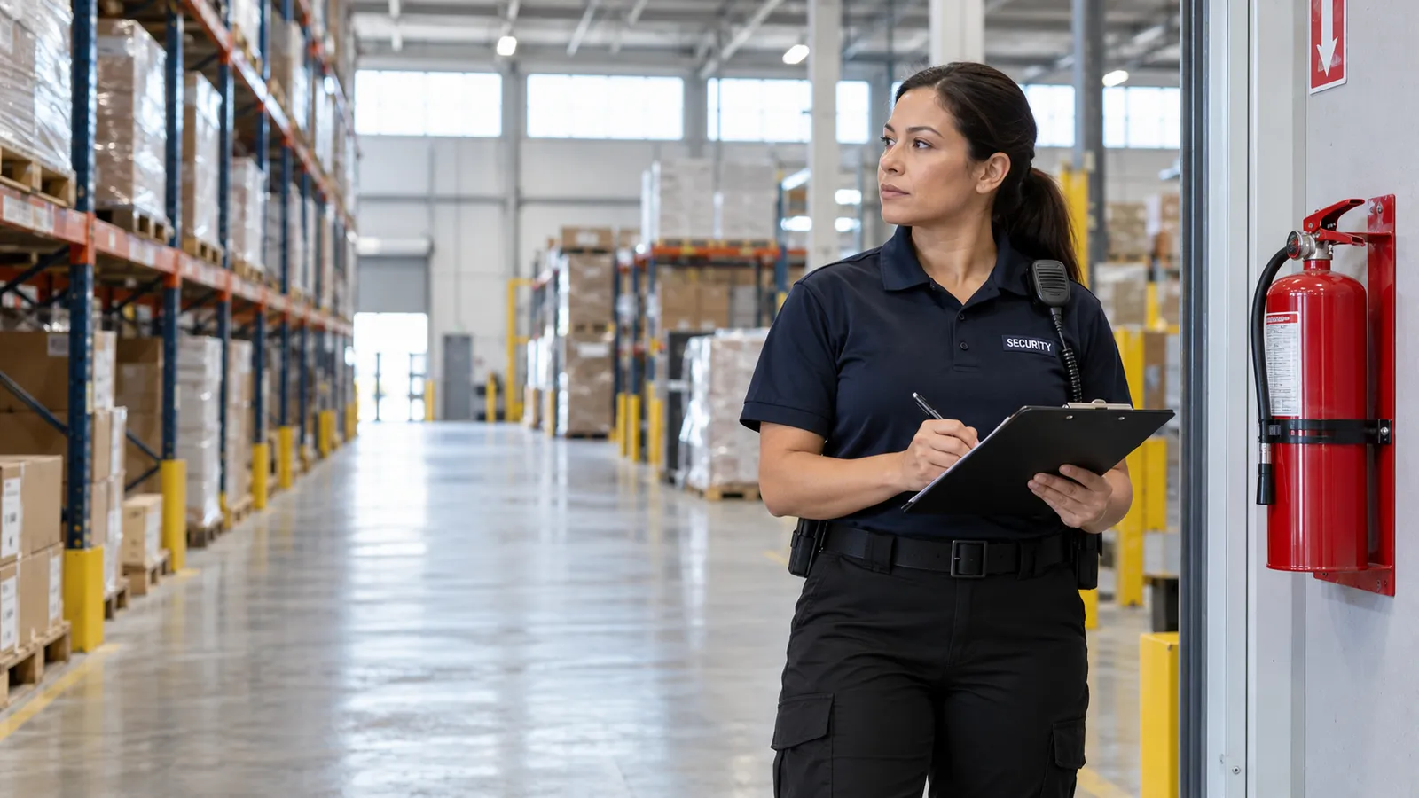 Fire-watch officer documenting observations in a commercial warehouse.