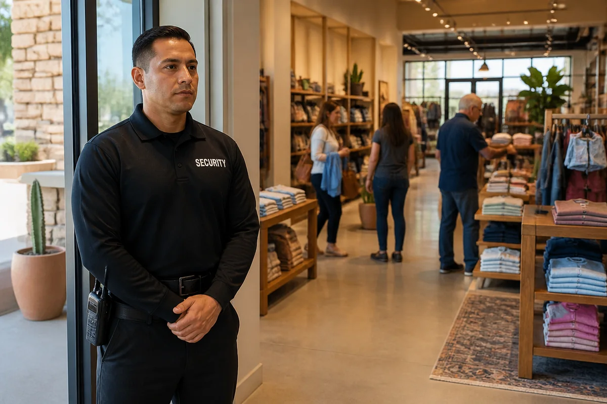 Professional unarmed security guard supporting an Arizona retail facility