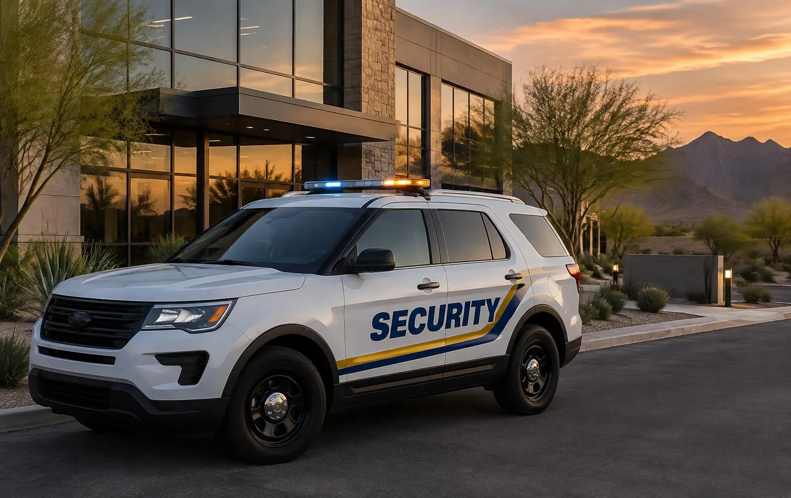 Marked security patrol SUV parked outside a modern desert office building at dusk