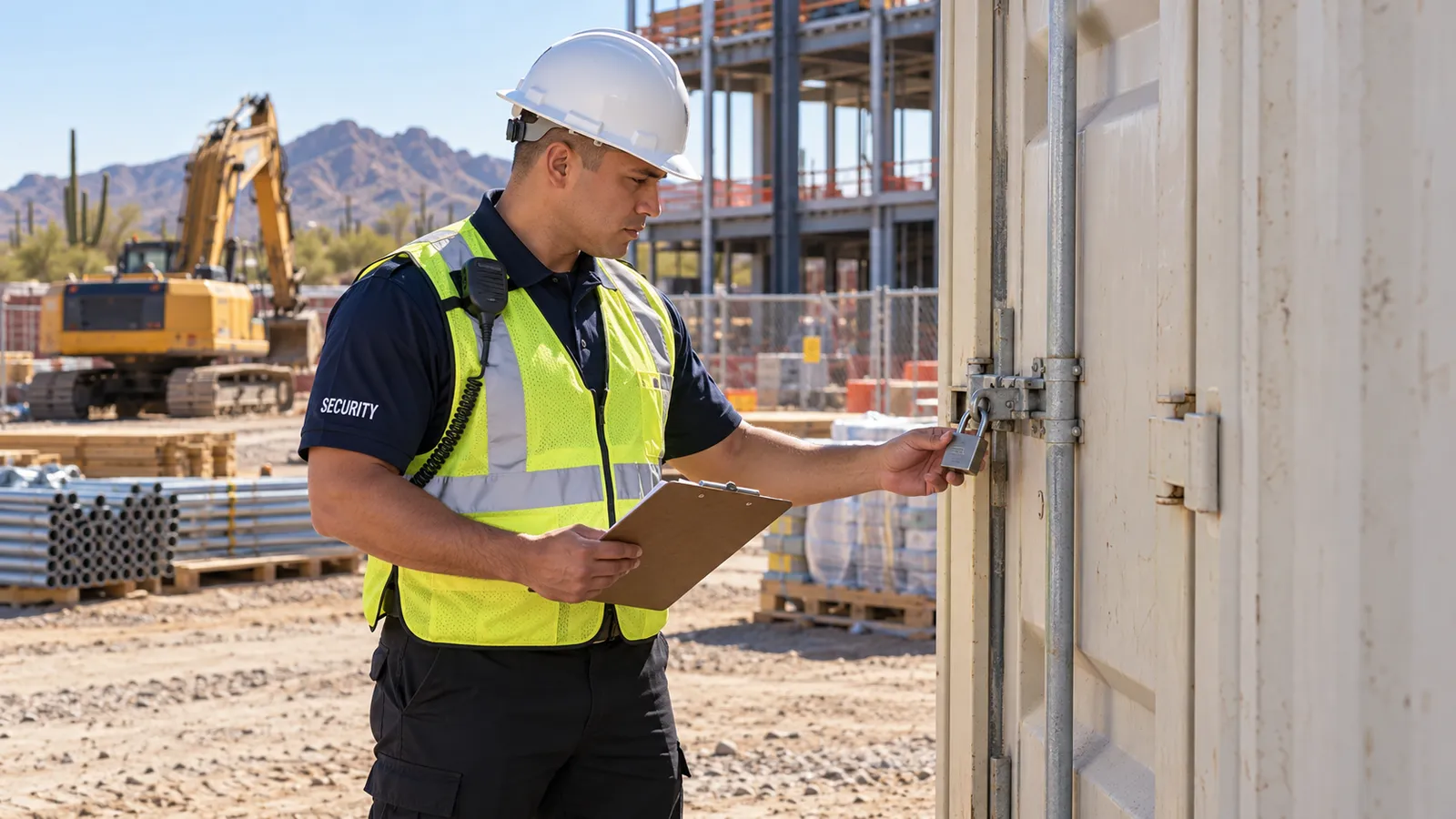 Unarmed security officer checking a locked storage container at a construction site.