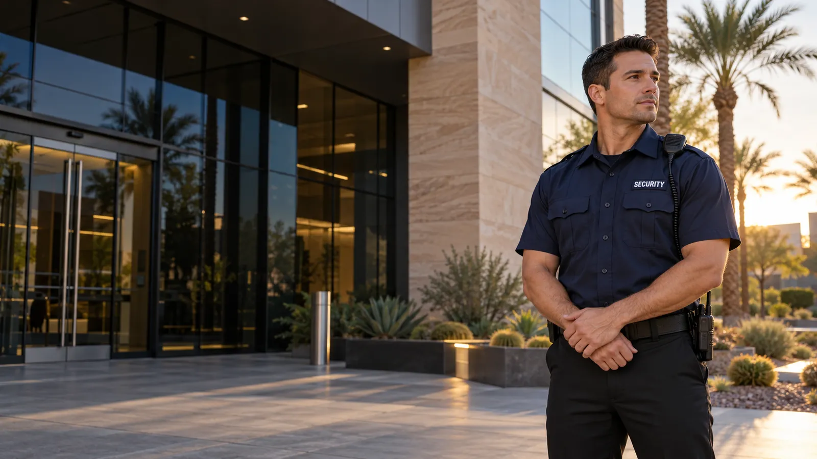 Unarmed security guard outside a commercial office building.